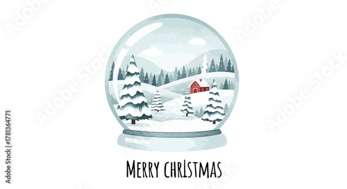 Cozy winter cabin nestled amongst snow covered pine trees inside a festive christmas snow globe