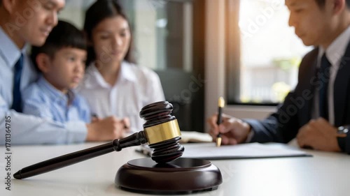 Wooden gavel on desk in legal office, family meeting with lawyer for advice, court justice consultation, custody agreement discussion, paperwork review, parental rights support, warm bokeh