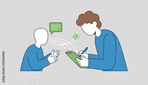 A the taking notes while a client speaks highlighting the active listening and documentation essential for growth.