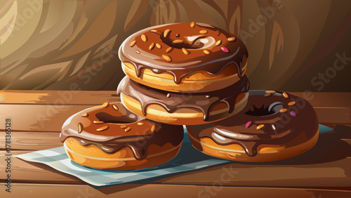 Very beautiful close-up of a stack of chocolate-frosted donuts on a table, with glossy icing, soft texture, and warm natural light creating a delicious realistic food scene.
