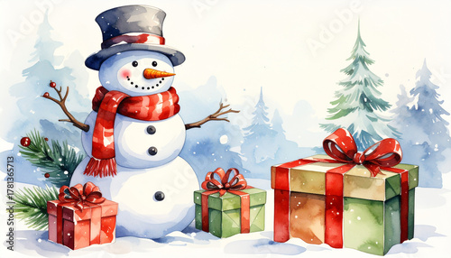 Cute Snowman with gift box and Christmas tree in winter forest. Watercolor New Year card.
