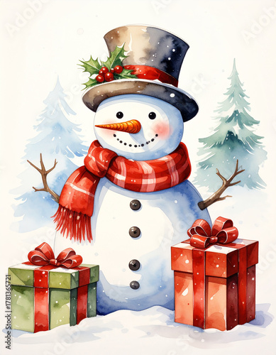 Cute Snowman with gift box and Christmas tree in winter forest. Watercolor New Year card.