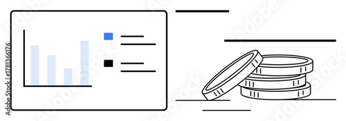 Bar graph on screen alongside stacked coins representing financial growth, data analysis, profit increase, investment, revenue tracking, savings, and economy. Ideal for analytics, planning