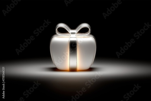 Glowing gift box in a minimalist dark scene, softly illuminated with a warm ambiance, perfect for holiday celebrations and festive occasions