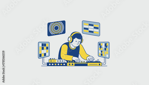 An innovative musician layering sounds using electronic equipment surrounded by screens displaying visual patterns synchronized with the music.