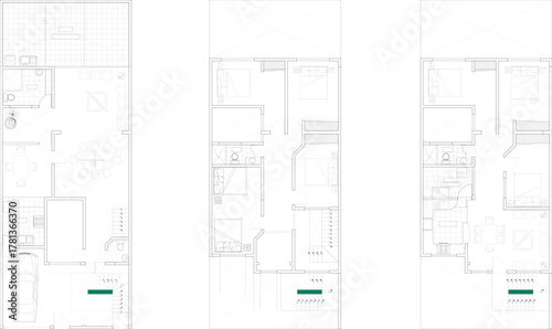 Set of architectural vector floor plans for residential houses, showing rooms, furniture layout, walls, and basic spatial design.