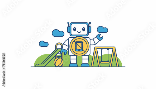 A playful illustration of a robot holding a No Screens Allowed sign on a playground promoting outdoor play.