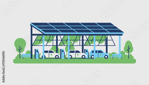 A solarpowered charging station with panels on the roof integrated into a park where EVs are parked under shaded canopies.