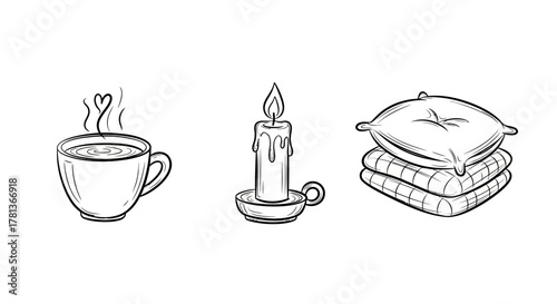 Cozy elements: heartwarming coffee, candle glow, and soft comforts in line art
