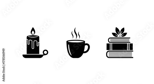 Cozy icons: candle, coffee cup, and books silhouettes for relaxation themes