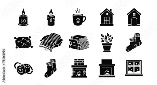 Cozy home icons collection: candles, fireplace, hot drink, books, window, and more in silhouette style