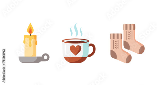 Cozy winter set with candle, coffee mug, and warm socks in flat design