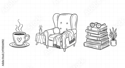 Cozy reading corner with coffee, books, and a comfortable armchair