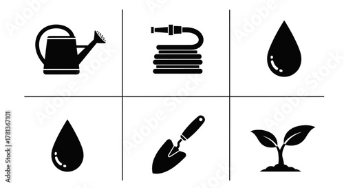 Gardening tools and elements silhouette collection: watering can, hose, shovel, plant icons