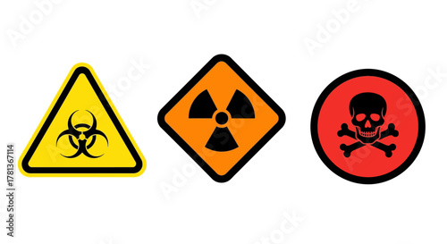 Caution signs: biohazard, radiation, and toxic warning symbols
