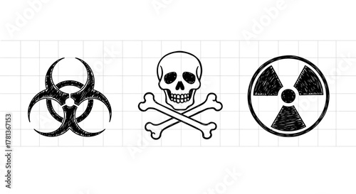 Hand drawn warning signs: biohazard, skull, radiation symbols