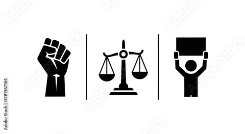 Silhouette icons of protest fist, scales of justice, and activist demonstration