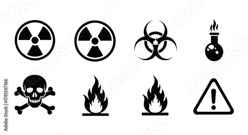 Safety symbols set: radiation, biohazard, and fire hazard icons