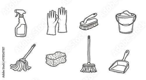 Essential cleaning equipment icons in black and white linear style