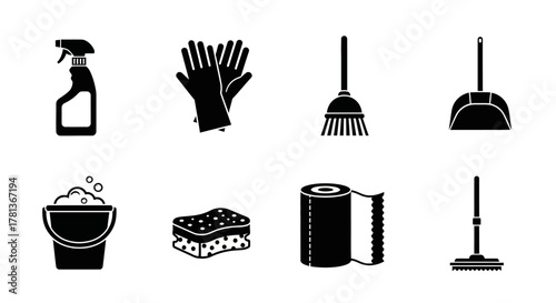 Essential cleaning tools icons set in black and white silhouette style