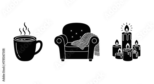 Cozy atmosphere with hot cocoa, cozy armchair, and flickering candlelight silhouettes