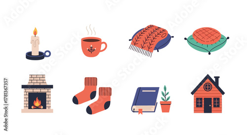 Cozy elements collection featuring fireplace, candle, and warm socks for autumn comfort