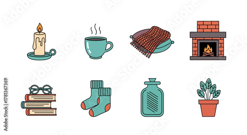 Cozy winter essentials in simple linear style featuring candle, mug, blanket, fireplace, books, socks, hot water bottle, and plant