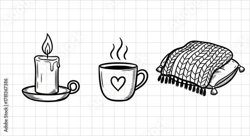Cozy hygge elements: hand drawn candle, warm coffee, knitted blanket