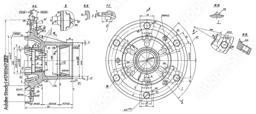 Assembly drawing of hub truck wheel. Engineering automotive mechanical blueprint of steel device. Industrial cad scheme on paper sheet. Technology design of machine building industry. 