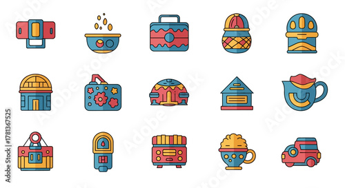 Colorful retro gadget icons set in linear style for digital projects and apps
