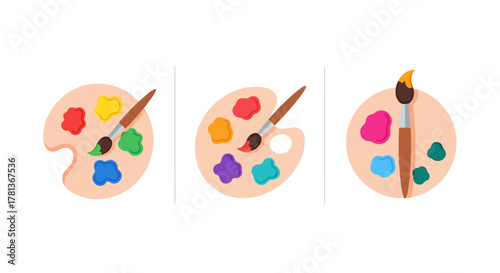 Colorful paint palettes with brushes in flat design art supplies