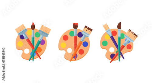 Art palette and brushes with colorful paints in a flat style on white background