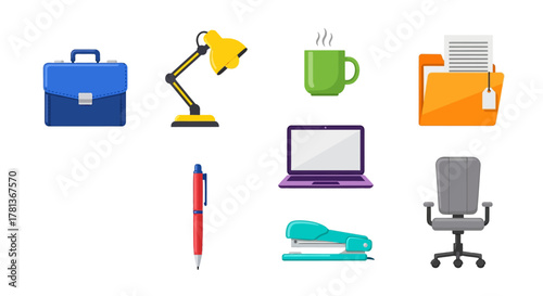 Office supplies collection with desk lamp, briefcase, laptop, and more icons