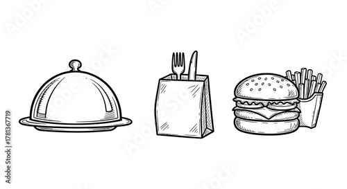 Hand drawn dining elements: cloche, takeaway bag, burger, and fries