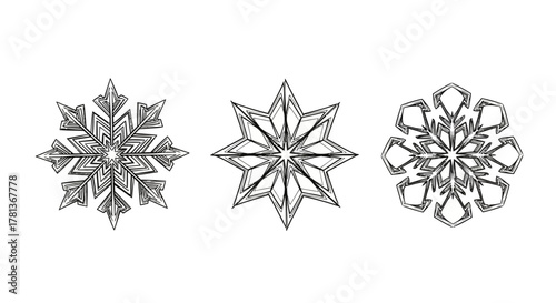Intricate geometric snowflake designs in black and white