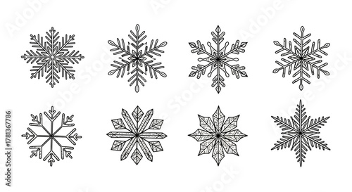 Intricate snowflake collection featuring diverse symmetrical designs in linear style