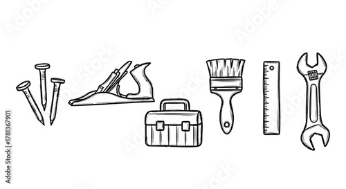 Hand drawn tools collection: nails, hammer, wrench, and toolkit for diy projects