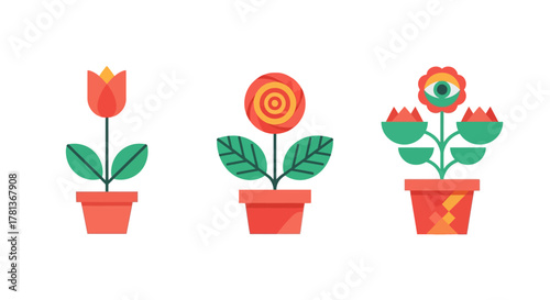 Colorful geometric flower pots with abstract blooms in modern design