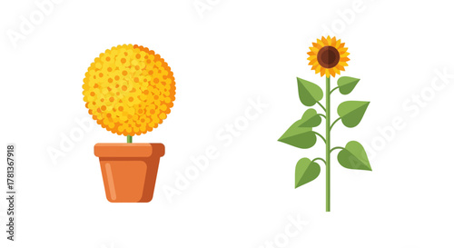 Vibrant potted topiary and sunflower art with bright colors