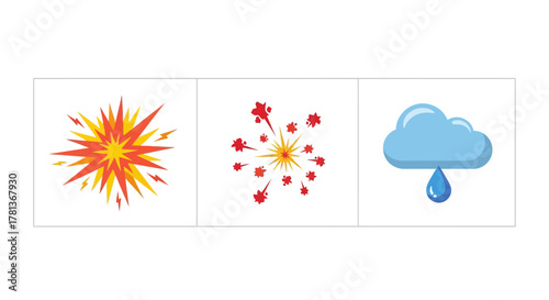 Dynamic explosions and cloud with raindrop in flat style