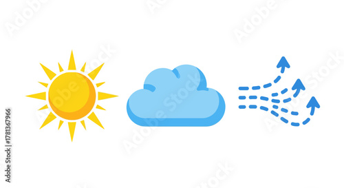 Weather icons set featuring sun, cloud, and wind in flat design