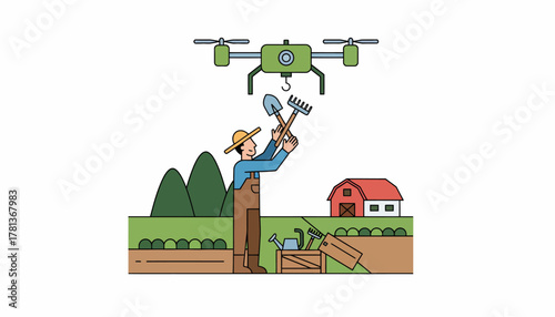 A rural farmer receiving essential agricultural tools via drone showcasing the technologys impact on modern farming practices.