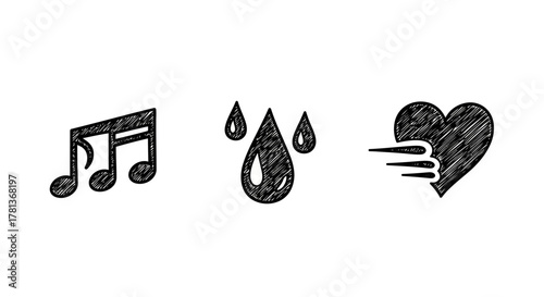 Hand-drawn musical note, water droplets, and heart icons on white background