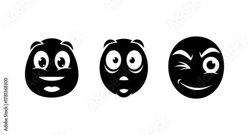 Silhouette smiley faces: expressive black and white cartoon emojis