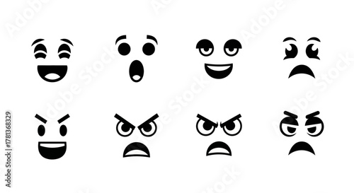 Set of black and white emoji faces with various expressions