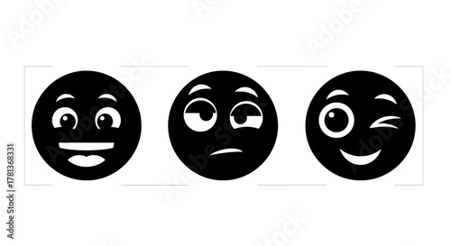 Simple black emoji faces with different expressions in silhouette style