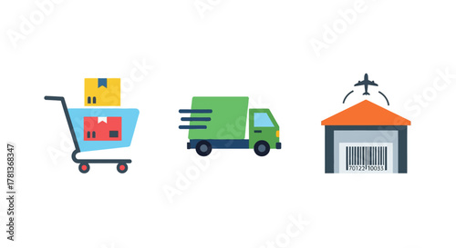 Online shopping and delivery icons with cart, truck, and warehouse in flat style