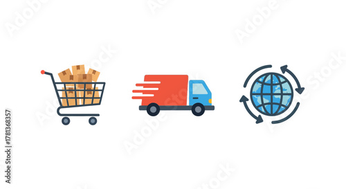 Flat design icons of shopping trolley, delivery truck, and global network for e-commerce concepts