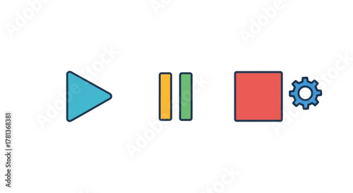 Flat style media control icons: play, pause, stop with gear symbol for settings