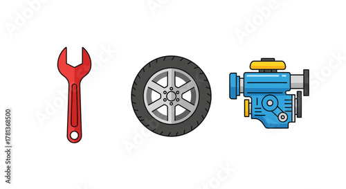 Automobile repair tools and parts: colorful icons of wrench, wheel, and engine